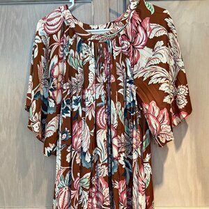 Anthropologie Brown Floral Flowy Silky Dress in XSP Soft and Lined